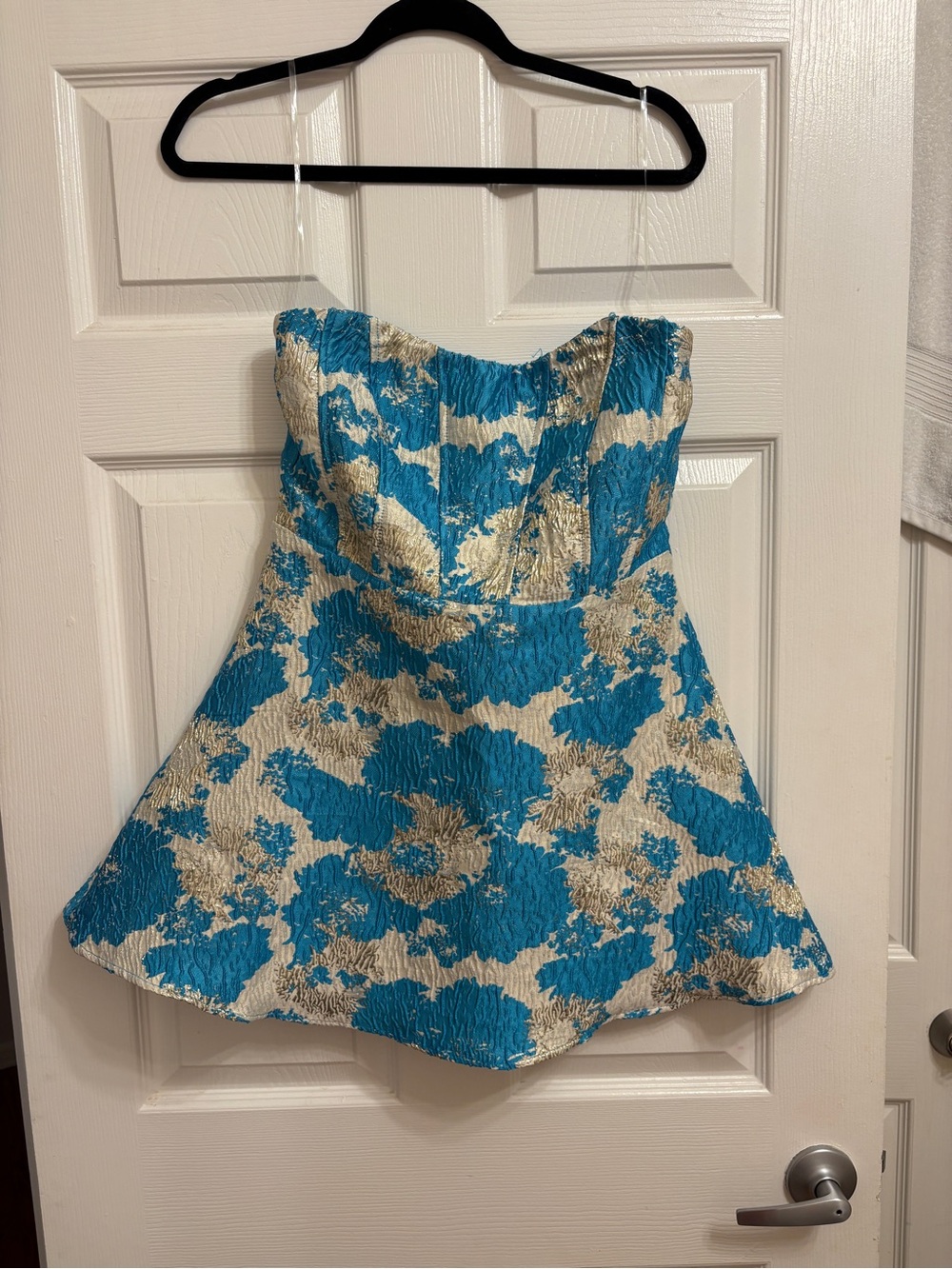 Fashion Nova Teal and Gold Strapless Mini Dress